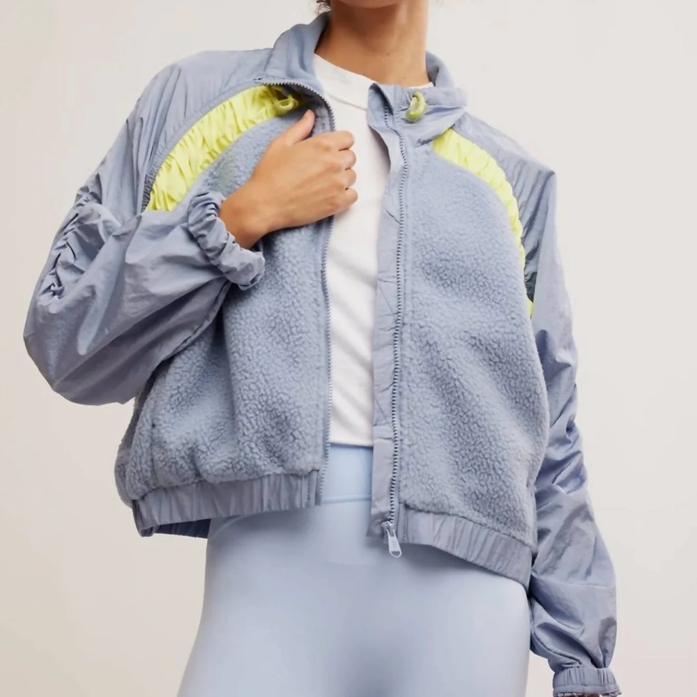 FP Movement by Free People Light Blue Sherpa Bomber with Neon Yellow Panels
